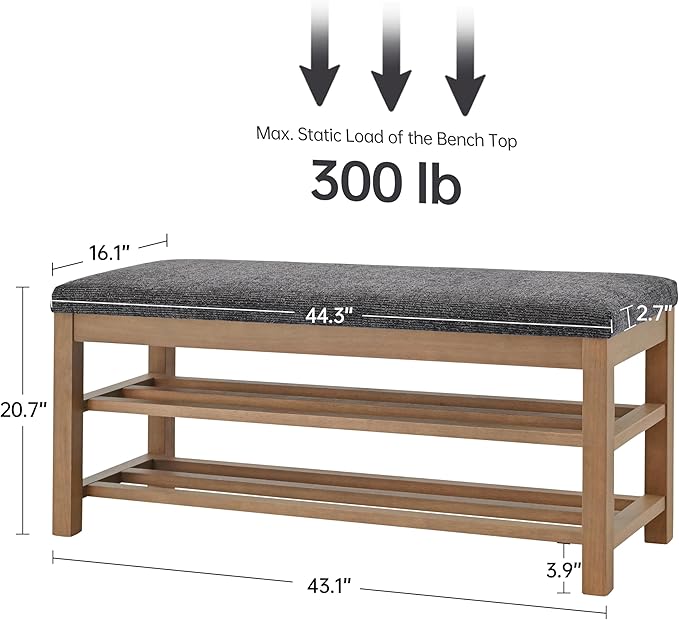 VKNOW 44.3” Wooden Entryway Bench, 2-Tier Upholstered Shoe Bench for Bedroom, Storage End of Bed Bench with Rubberwood Legs for Living Room, Hallway, Black