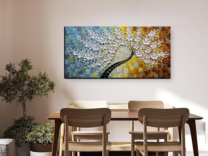 YaSheng Art -100% HandPainted Oil Painting On Canvas Texture White 3D Flower Tree Paintings Abstract Canvas Wall Art Home Bedroom Dining Room Living Room Modern Wall Decor Art Ready to hang 24x48inch