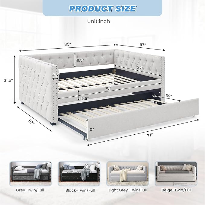 Antetek Daybed with Trundle, Modern Upholstered Full Size Button-Tufted Sofa Bed Frame with A Roll-Out Trundle, No Box Spring Needed, Furniture for Bedroom Living Room Guest Room (Beige, Full)
