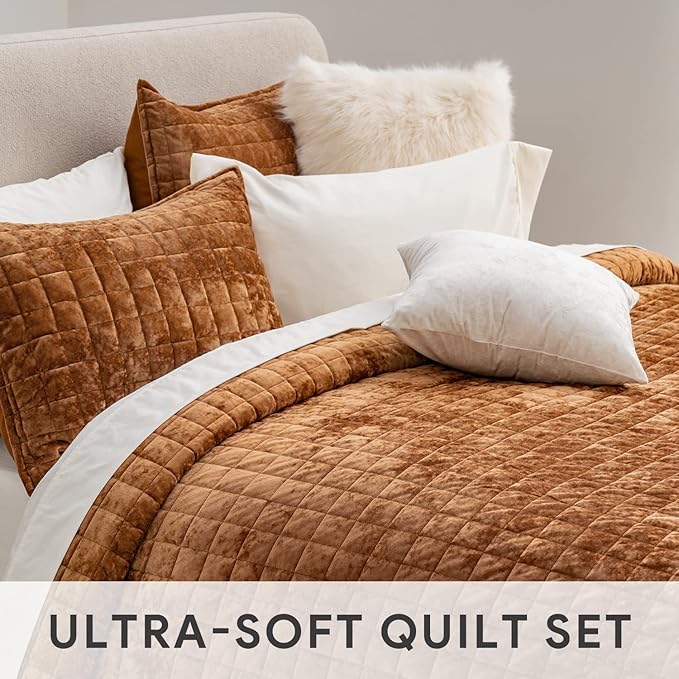 RECYCO Luxury Velvet Quilt Set Full Queen Size Bedding Sets, Ultra Soft Velvet Comforter Set, Lightweight Oversized Bedspread Quilted Coverlet for All Season, with 2 Pillow Shams, Rusty Burnt Orange