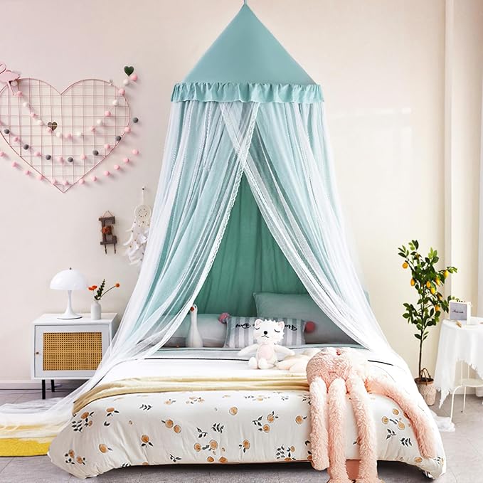 Kertnic 31.5inch Large Dome Bed Canopy for Girls, Double Layer Dreamy Ruffle Princess Canopy, Bedroom Hanging Tent Kids Reading Nook Canopies,Full Queen Bed Canopy Curtain (Green)