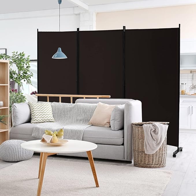 GOFLAME 3 Panel Folding Room Divider, 6FT Rolling Privacy Screen with Lockable Wheels, Portable Room Partition Screen, Freestanding Wall Divider and Separator for Home Office, Brown