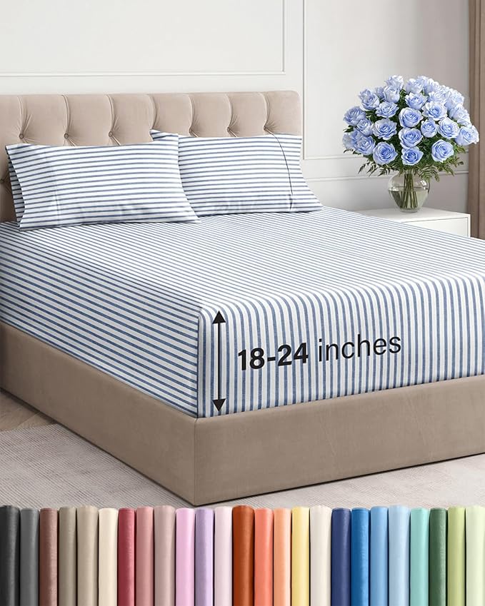 Extra Deep Twin Sheet Set - 4 Piece Breathable and Cooling Sheets - Hotel Luxury Bed Sheets Set - Easy Fit - Soft, Wrinkle Free and Comfy Sheets Set - Blue Striped Sheet Set with Extra Deep Pockets