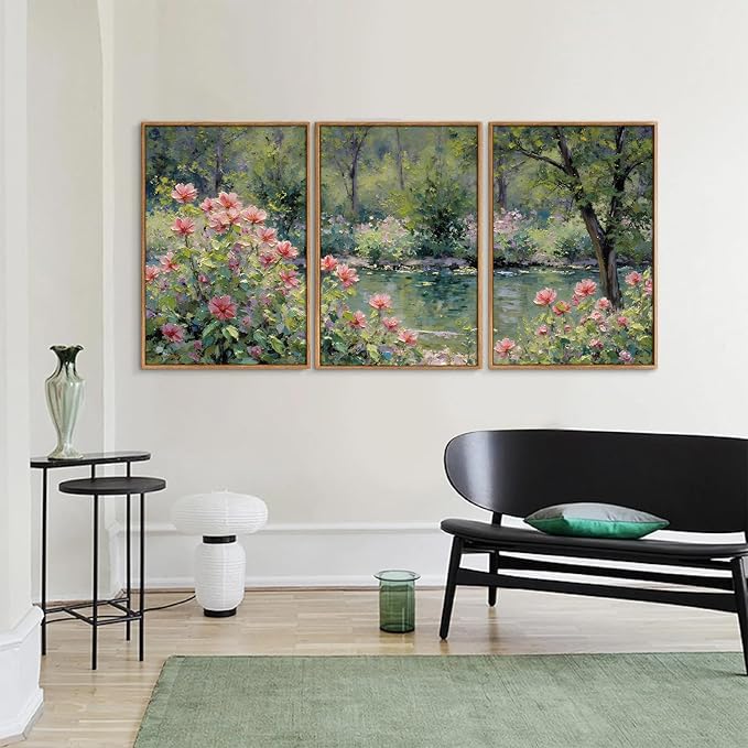 Yeehomedec Monet Anthropologie Framed Canvas Wall Art Set, Impressionist Floral Garden Wall Decor, Vintage Flowers Pond Trees Artwork, Nature Landscape Art Paintings for Living Room Bedroom Bathroom 16"x24"x3