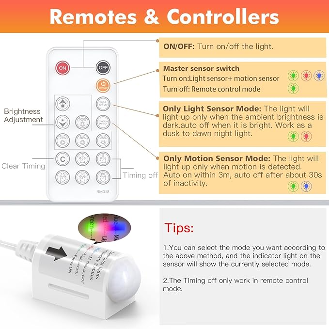 WOBANE LED Strip Lights, Motion Sensor Light Strip with Remote and Adapter, Night Light, Dimmable Function, 16.4ft Tape Lighting for Kitchen, Under Cabinet, Bedroom, Shelf, Bed, 3000K Warm White