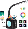 wanjiaone LED Desk Lamp with Clock,Color Changing Nightlight,Study Lamp with Pen Holder,Desk Light with USB Charger,Table Light for Home,Office,Gift for Kids,Students,Women,Black