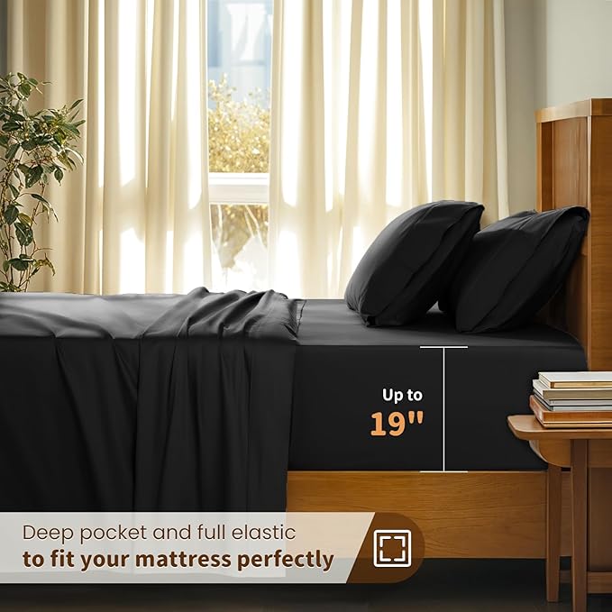 LBRO2M 100% Cotton Sheets Set Deep Pocket 19", 1000 Thread Count Full Size 4 Piece Bed Sheet Sets Soft Comfortable Bedding All Season (Full, Black)