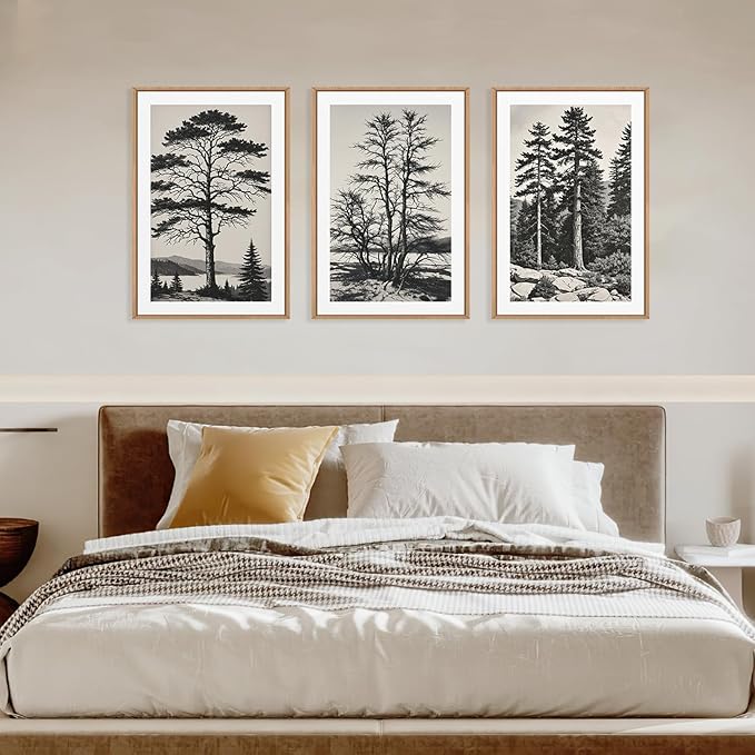 LHIUEM Large Vintage Sketch Tree Framed Wall Art Set,Antique Black and White Wall Decor,Nature Botanical Lake Artwork,Modern Wilderness Forest Art Prints for Living Room,Bedroom- 16"x24"x3
