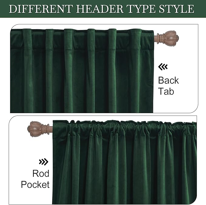 RYB Home Hunter Green Velvet Curtains for Living Room, Vintage Drape 84 inches Long Soft Durable Texture Room Darkening Privacy Window Treatment Decorative Backdrop for Bedrooom, W52 x L84, 2 Panel
