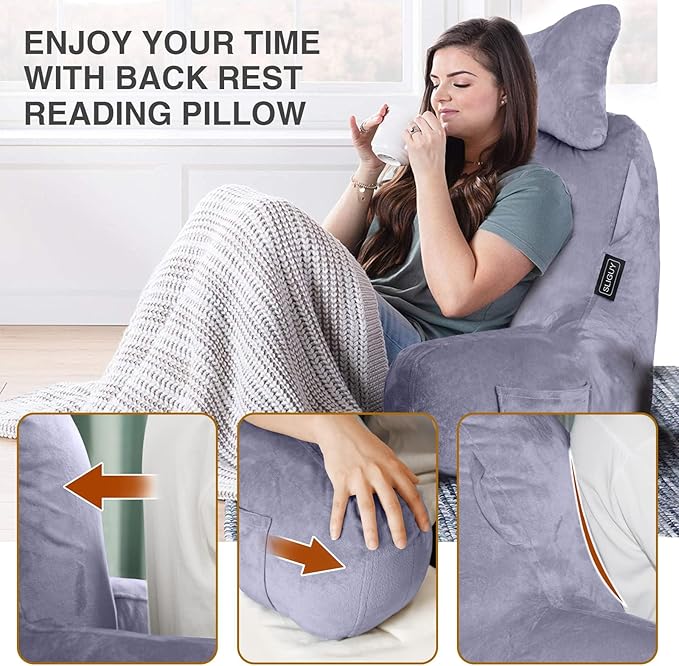 SLIGUY Reading Pillow-Bed Rest Pillow with Detachable Neck Roll & Support Arm for Sitting in Bed Couch or Floor-Backrest Reading Pillow Adult Back Pillow for Reading/Watching TV/Gaming/Relaxing,Grey