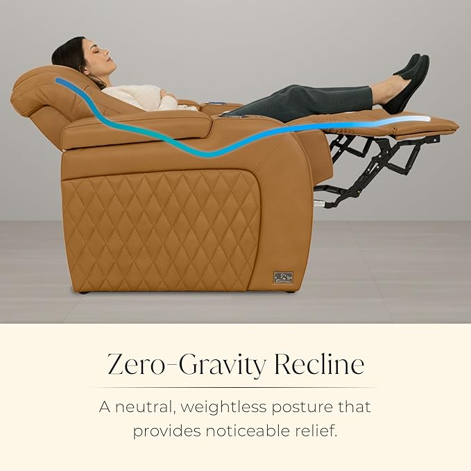 Seatcraft Diamante Zero-Gravity CoolZero Italian Leather Home Theater Seating, Power Headrest, Power Recline, Row of 5 Left Loveseat, Tan Oak