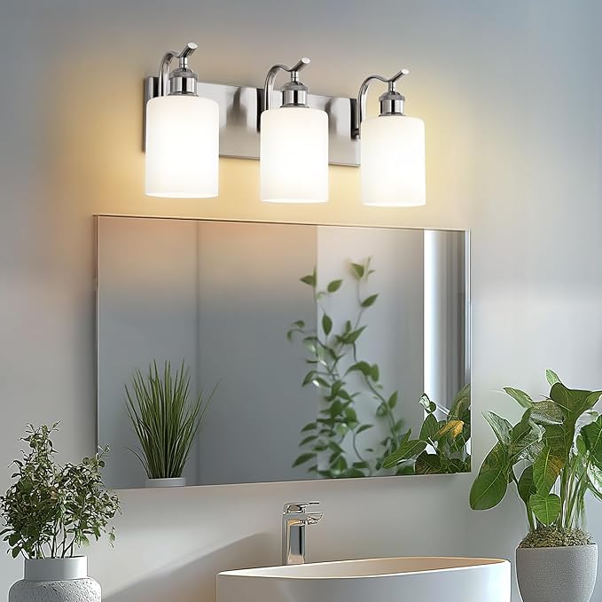 Milk Glass Bathroom Light, 3-Light Vanity Light Fixture, Brushed Nickel Wall Sconce, VL01BNW-3
