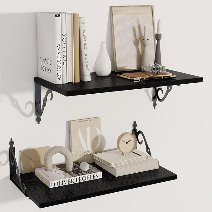Dreamland Deep Floating Shelves, 24" W x 12" D Wall Shelves Set of 2, Wide Display Shelf Wall Mounted with Brackets, Bookshelf for Living Room, Bathroom, Bedroom, Black