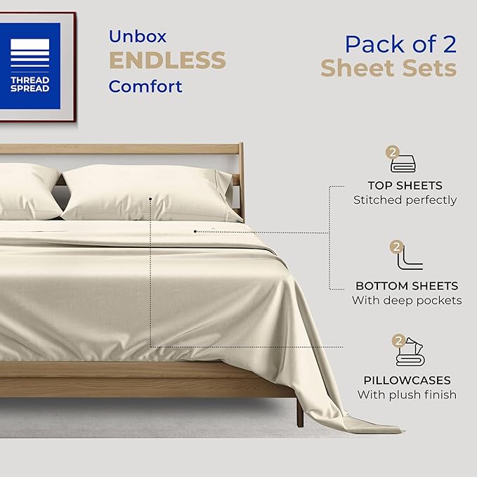 THREAD SPREAD 2-Pack Twin XL Sheet Sets Cotton - 400 Thread Count 100% Cotton Sateen Weave - Soft, Breathable, Hotel Quality Cooling Sheets, 2 Sets of Twin XL Size Deep Pocket Bed Sheets (Ivory)