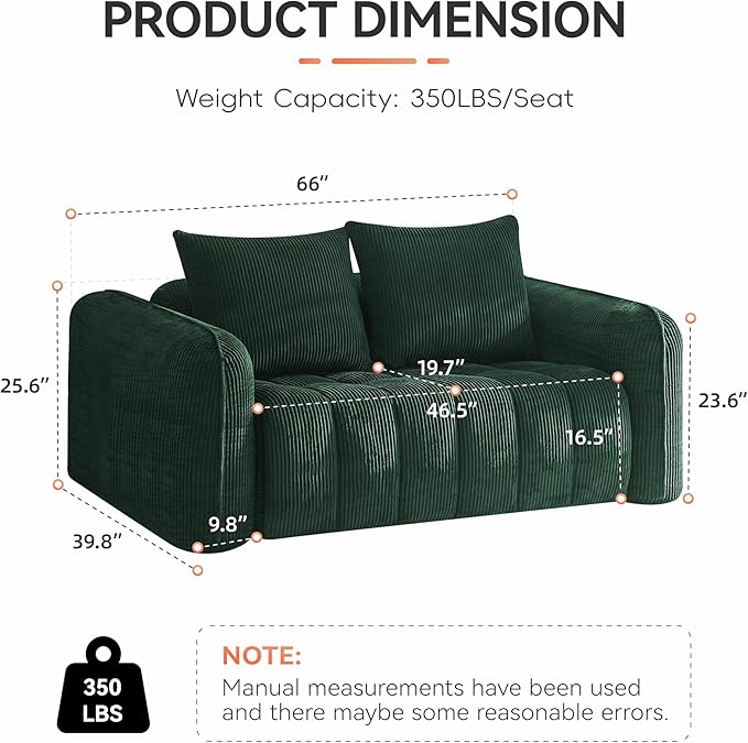 66'' Boneless Corduroy Loveseat Sofa, 2 Seater Tufted Deep Seat Couch with Rounded Armrest, Upholstered Cloud Couch for Living Room, Bedroom, No Assembly, Green