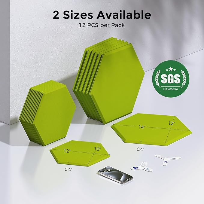 Self-Adhesive Acoustic Panels [390 lbs/yd³ Ultra-High Density], 2nd Generation Sound Absorbing Panel, Professional Level Sound Panel, Polyester Soundproof Foam [Size L, Fruit Green]