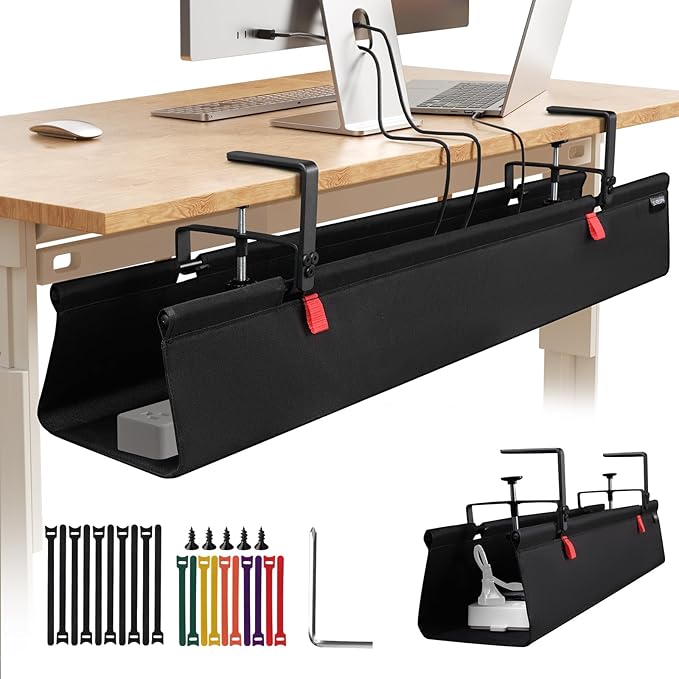 No Drill Under Desk Cable Management Tray, 48" Cord Organizer with Clamp, Fabric Cable Management for Standing Desks, Ideal for Home & Office - Black