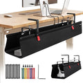 No Drill Under Desk Cable Management Tray, 48" Cord Organizer with Clamp, Fabric Cable Management for Standing Desks, Ideal for Home & Office - Black
