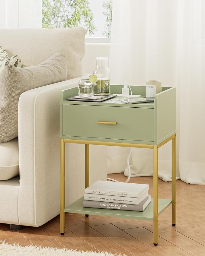 Masupu Nightstand with Charging Station,3-Tier Modern Bedside Night Stand with Storage Drawer and Shelf,Small End Side Table for Bedroom,Living Room,Gold and Green