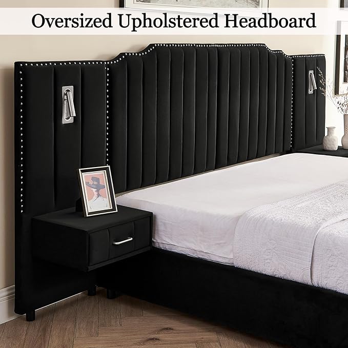 King Size Bed Frame with Storage, Luxury King Platform Bed Frame with Headboard, Velvet Fabric Upholstered Bedframe with LED Lights, Solid Frame & Bedside Table, No Box Spring Needed, Black