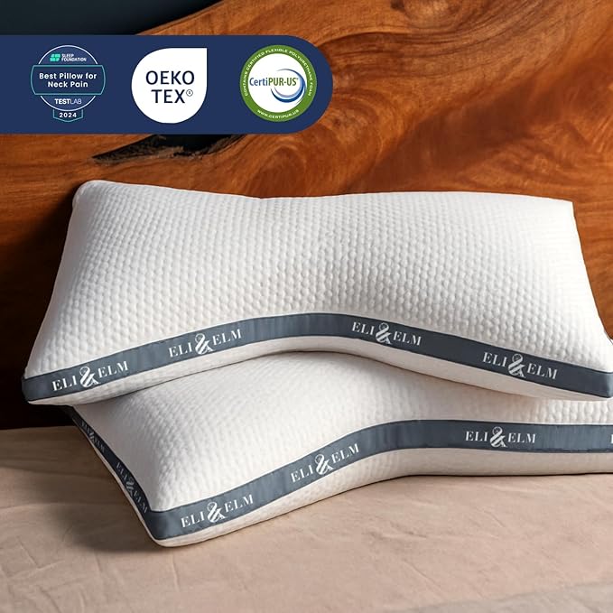 Eli & Elm | Best Ergonomic Side Sleeper Pillow for Neck Pain. Supportive Cooling Memory Foam Fill with Luxury Breathable Cover. U-Shape Contoured Design. Queen Size Bed Pillow & Pillowcase