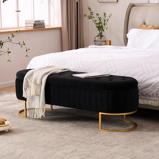 Velvet Storage Bench for Bedroom, Modern Tufted End of Bed Bench for King Size Bed, Upholstered Long Ottoman Bench with Gold Legs for Living Room/Entryway (Black, 55" Wide)