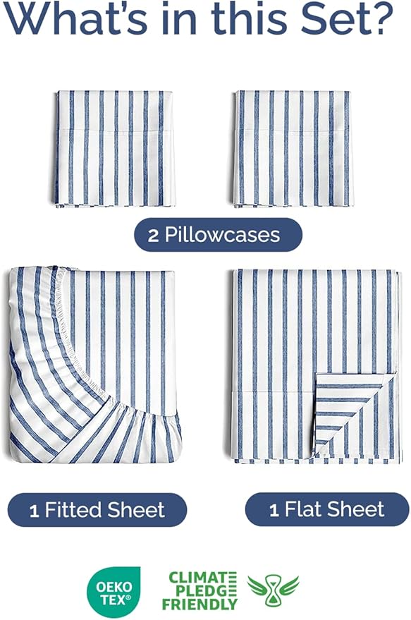 Extra Deep Twin XL Sheet Set - 4 Piece Breathable and Cooling Sheets - Hotel Luxury Bed Sheets Set - Easy Fit - Soft, Wrinkle Free and Comfy Sheets Set - Blue Striped Sheet Set with Extra Deep Pockets