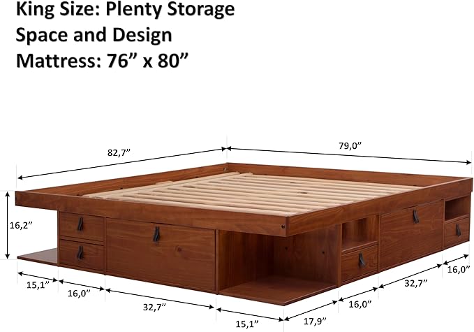 memomad Bali Storage Platform Bed with Drawers (King Size, Caramel Brown Wood)