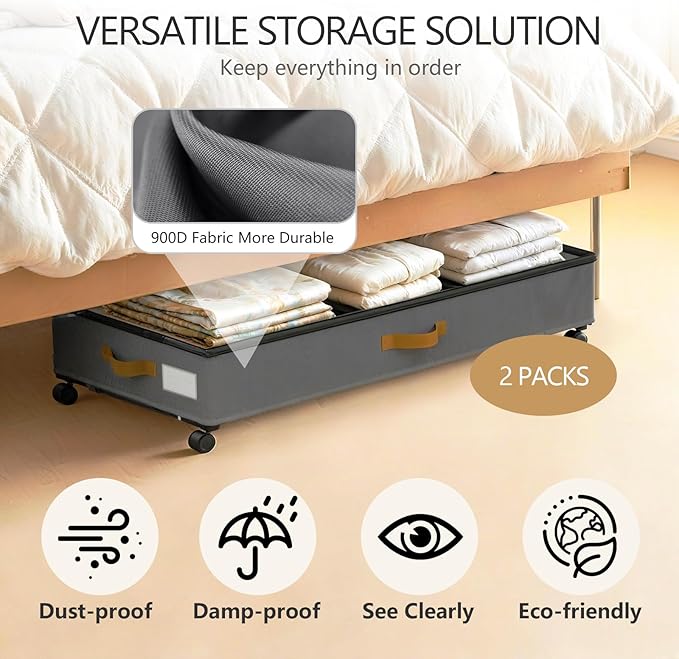 Under Bed Storage with Wheels 2-Pack, 75L XXL Under the Bed Storage Containers Large, 12" Tall Adjustable Storage for Underbed with Lids, Rolling for Clothes, Shoes, Blankets (Grey)