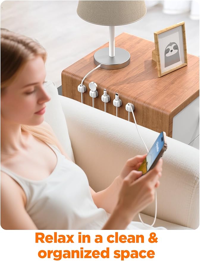 6Pack Cord Organizer, Chfeila Compact Dual Spring & Clasp Lock Cable Management Clips, Adhesive Phone Charger Keeper, Wire Holder for Nightstand/Wall/Car, Home Office Desk Accessories Decor Essentials
