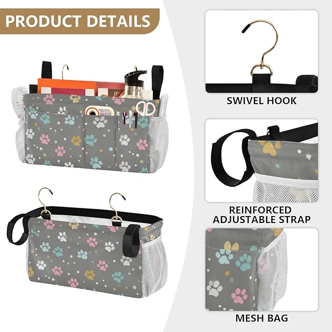 Bedside Caddy Hanging Bunk Bed Caddy Bed Organizer Hanging Pocket with 2 Hooks Bedside Storage Organizer Pocket Bag Holder Paw Print Dots Stars Grey