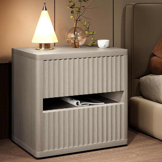Dripex Fluted Nightstand with 2 Drawers, Large Wide Wood Night Stand Bedside Table for Bedroom, Mid-Century Modern Storage Bed Side Table, End Table for Living Room Sofa Couch, Gray Oak