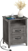 VASAGLE LIRY Collection - Farmhouse Nightstand with Charging Station, Bedside Table, Side Table with 2 Drawers, Open Compartment, for Bedroom, Misty Gray ULET669G01
