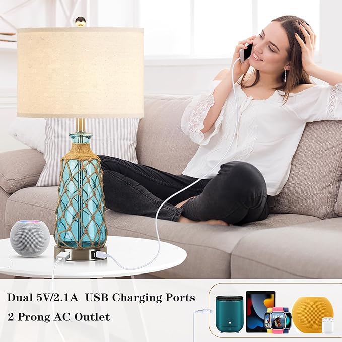 25.5" Coastal Glass Table Lamps Set of 2, 3-Way Dimmable Touch Control Bedside Lamps with 2 USB Ports and AC Outlet, Blue Nautical Nightstand Lamps for Bedroom Living Room (LED Bulbs Included)
