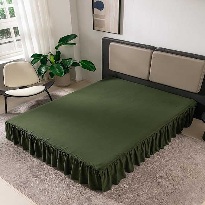 TSUTOMI Green Bed Skirt Twin Size Ruffled Bed Skirt with Split Corners, Twin Bed Skirt 12 Inch Drop, Twin Size Bed Skirt Green for Ruffled Bed Skirt with Split Corners, Bed Skirt Twin Size