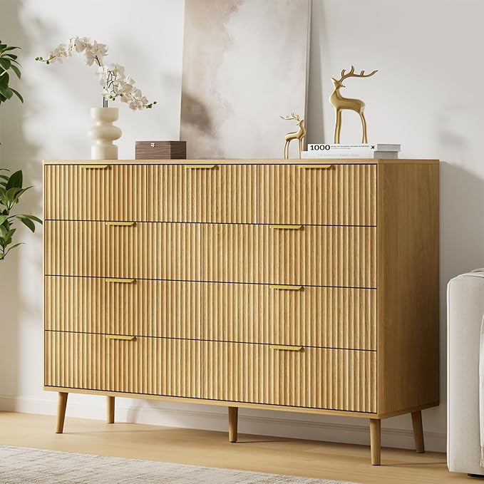 LYNSOM Fluted 9 Drawer Dresser for Bedroom, 55" Wide Modern Chest of Drawers with Curved Profile Design and Metal Handles, Wood Dresser TV Stand & Storage Organizer for Bedroom, Hallway, Oak