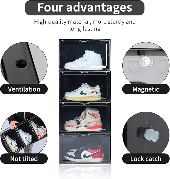 XL clear shoe storage boxes stackable, 8 Pack Large Shoe Boxes Clear Plastic Stackable, Drop side Sneaker Container Fit Size 13 (Black 8 Pack)