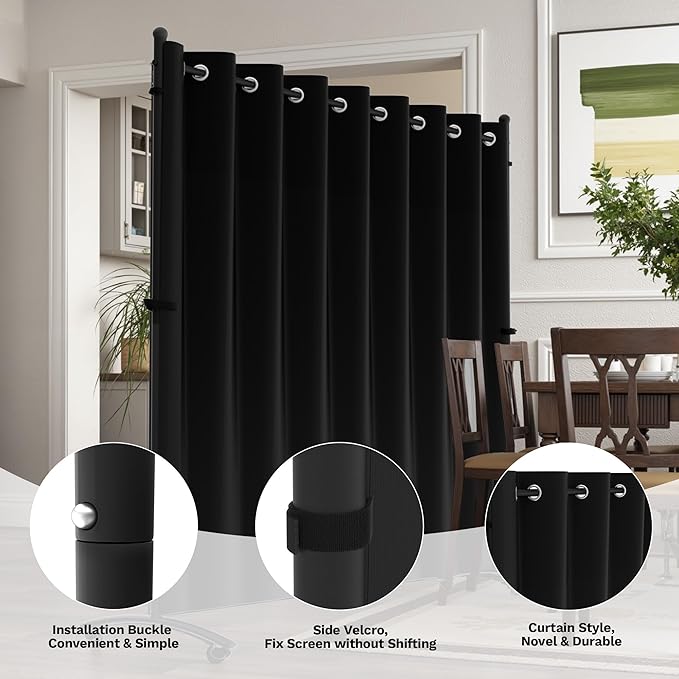 Room Divider, Curtain Privacy Screen with 360°Lockable Wheels 6FT Portable Room Divider Panel Freestanding Partition Divider Screen for Separator Wall Divider Bedroom Office (Black)