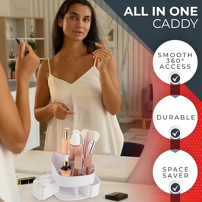 Masirs Small Rotating Makeup Organizer - Mini Yet Spacious Cosmetic Storage Solution with Multiple Compartments - The Perfect Spinning Make-Up Caddy for Vanity or Bathroom Counter (Square - White)