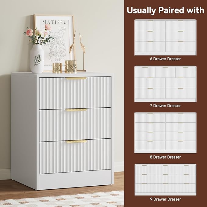 8 Drawer Dresser & Nightstand Set 3-Piece, 55” Wide Tall Fluted Dresser and Night Stand Set of 2 with Metal Handle, Modern Wood Chest of Drawers Storage Dressers Set for Bedroom, White