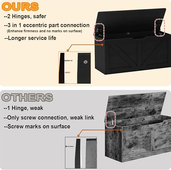 Timberer 39.4" Storage Chest, Wooden Storage Bench, Large Storage Trunk with 2 Safety Hinges, Entryway Shoes Bench for Living Room, Bedroom, Black