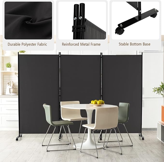 GOFLAME 3 Panel Folding Room Divider, 6FT Rolling Privacy Screen with Lockable Wheels, Portable Room Partition Screen, Freestanding Wall Divider and Separator for Home Office, Grey