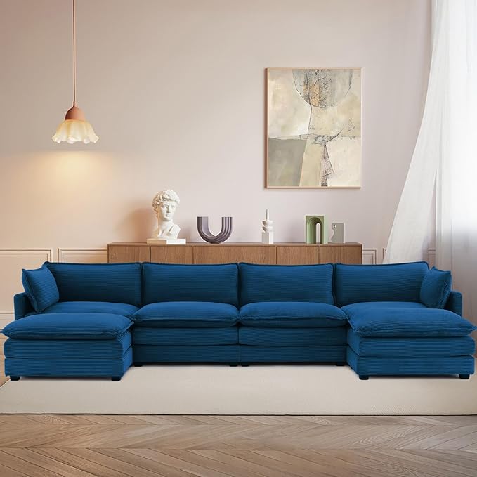 148'' Sectional Modular Cloud Couch, Oversized U Shaped 4 Seat Sofa with 2 Movable Ottomans, 2 Throw Pillows, Upholstered Corduroy U Shape Comfy Deep Couches for Living Room and Office, Blue