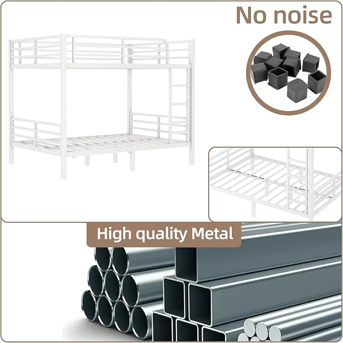Full Over Full Bunk Bed Frame, Heavy Duty Metal Loft Bed for Adults/Teens, 350/500LB Capacity w/Ladder & Guardrail, Noise-Free Steel Slats, No Box Spring Required, White