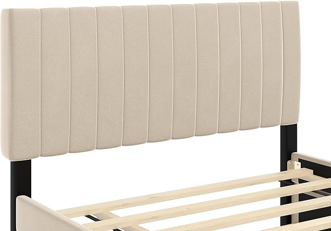 Full Bed Frame with Trundle Bed,Velvet Upholstered Platform Bed Frame,Full Size Trundle Bed with Headboard for Kids Teens Adults(Beige)