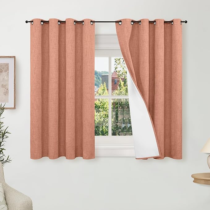 100% Linen Blackout Curtains for Bedroom Living Room 45 Inch Long 2 Panels, Thermal Insulated Light Blocking Soundproof Curtains, Noise Reducing Window Drapes 52x45 Inch 2 Panels, Terracotta
