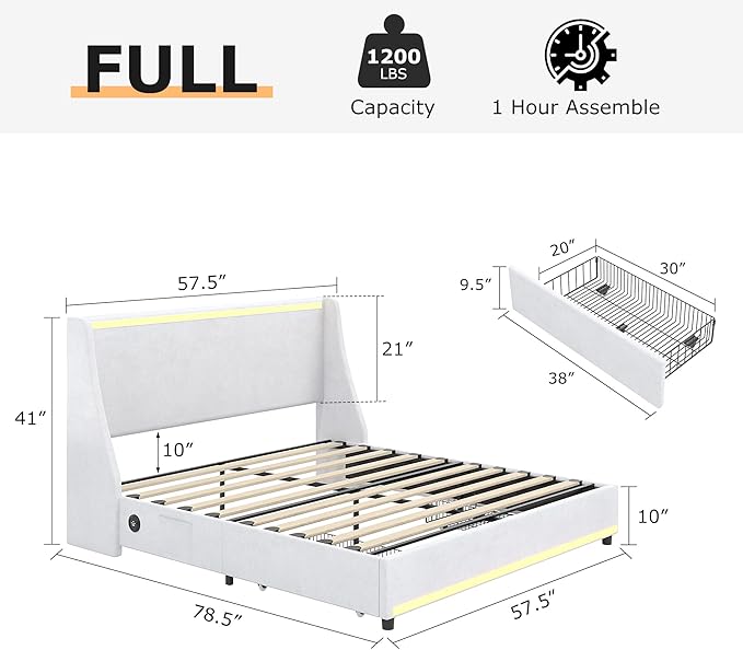 VECELO Full Size Bed Frame with Storage Drawers, Upholstered Platform Bedframe with Wingback Headboard, No Box Spring Needed, White