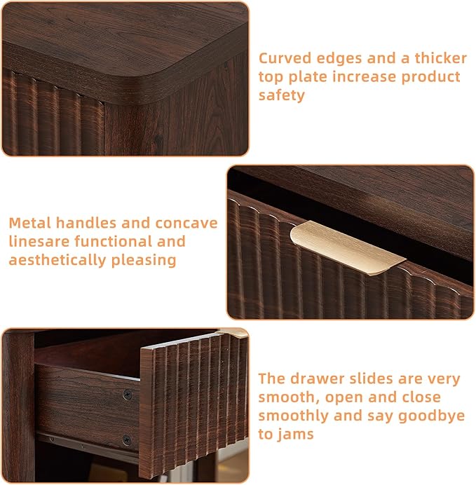 LEYAOYAO 23" Wide Fluted Farmhouse Night Stand Set of 2 with Charging Station, 1 Drawers Large End Table w/Metal Handle, Walnut Nightstand Bedside Table,Wood Dresser for Bedroom, Closet