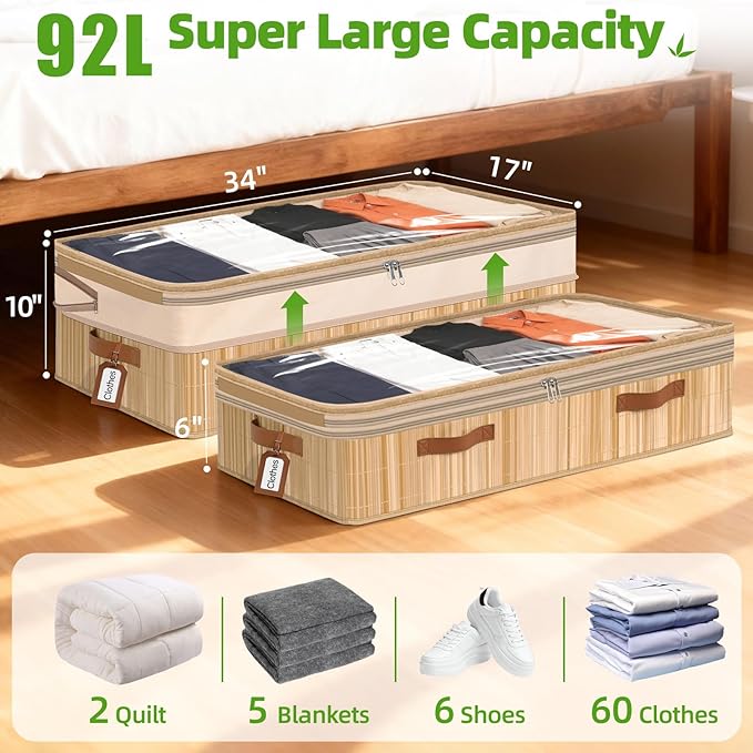 Livole 3 Pack Bamboo Under Bed Storage, 6-10 inches Height Adjustable Underbed Storage Containers, 92L XXXL Large Under Bed Storage Bins with Clear Lid & Label for Clothes, Blankets, Sweater, Shoes