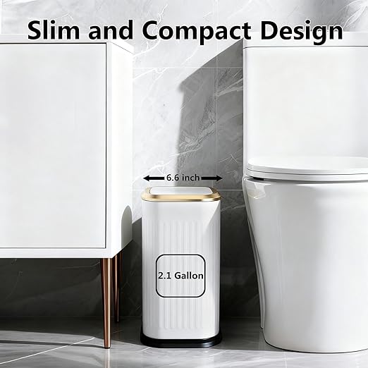 TIPGO Bathroom Trash Can with Lid, 2.1 Gallon / 8 Liter Small Garbage Can, Press Top Bin, Stainless Steel Wastebasket with Pop-Up Lid for Bedroom, Living Room, Office (White)